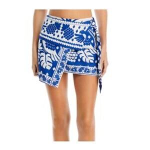 Farm Rio Skirt Jungle Scarf Mini Blue White Birds Leaves M